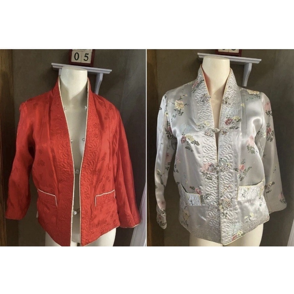 Peony Chinese Vintage Satin Quilted Reversible Jacket Blue & Cream Floral Print